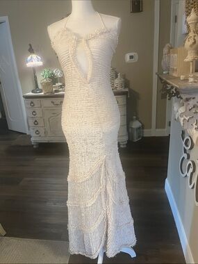 Cream Halter Maxi Dress with Textured Fringe Detail